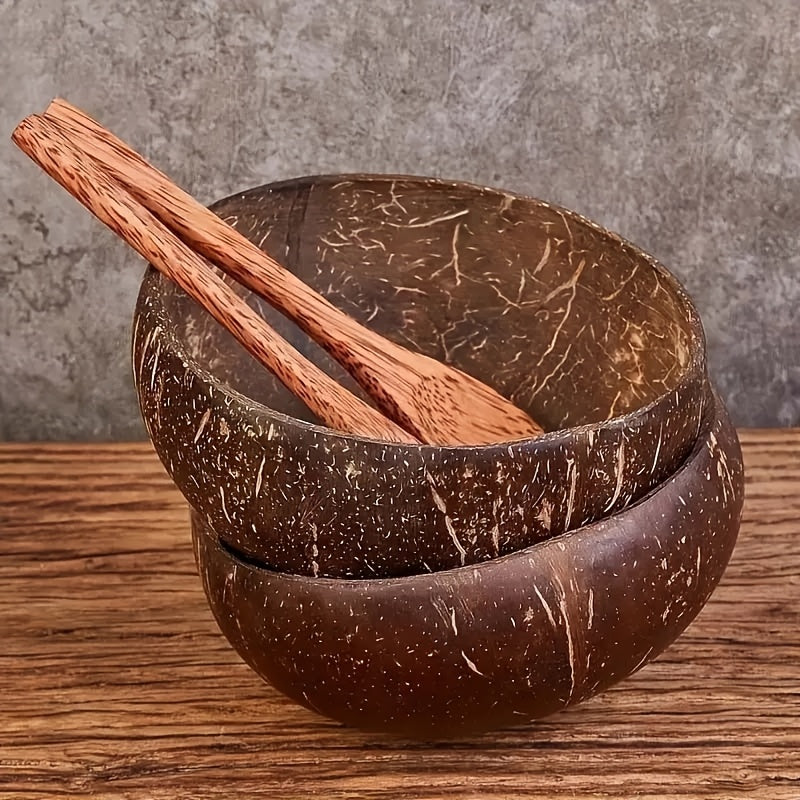 4 Natural Coconut Shell Bowls with 4 Coconut Wood Spoons – High-Quality, Washable Wooden Bowls for Yogurt, Salad, Ice Cream, and More – Deep Brown, Perfect for Cooking & Dining, Kitchen Tableware|Coconut Shell Aesthetic|N