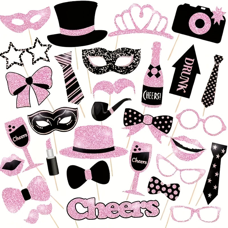30pcs Glittery Set, Black Party Photo Booth Props, Assorted Accessories, Hats, Lipstick, Ties, Crowns, Paper Props for Celebrations