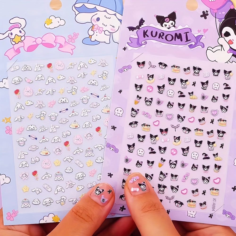 2pcs Sanrio Nail Art Stickers 5D Embossed Kuromi Cinnamoroll & HelloKitty Designs Nail Decals Kawaii Cartoon Self-Adhesive Decals for DIY Manicures Decoration
