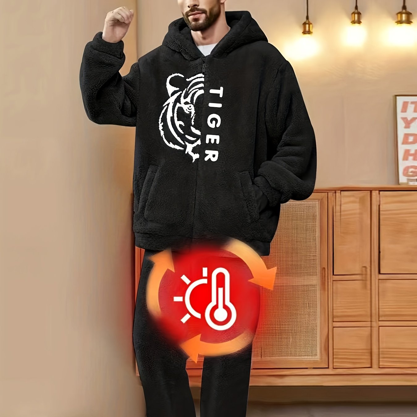 Flannel 2025 Winter New 2-Piece Tiger Embroidered Long Pants Loungewear Set.