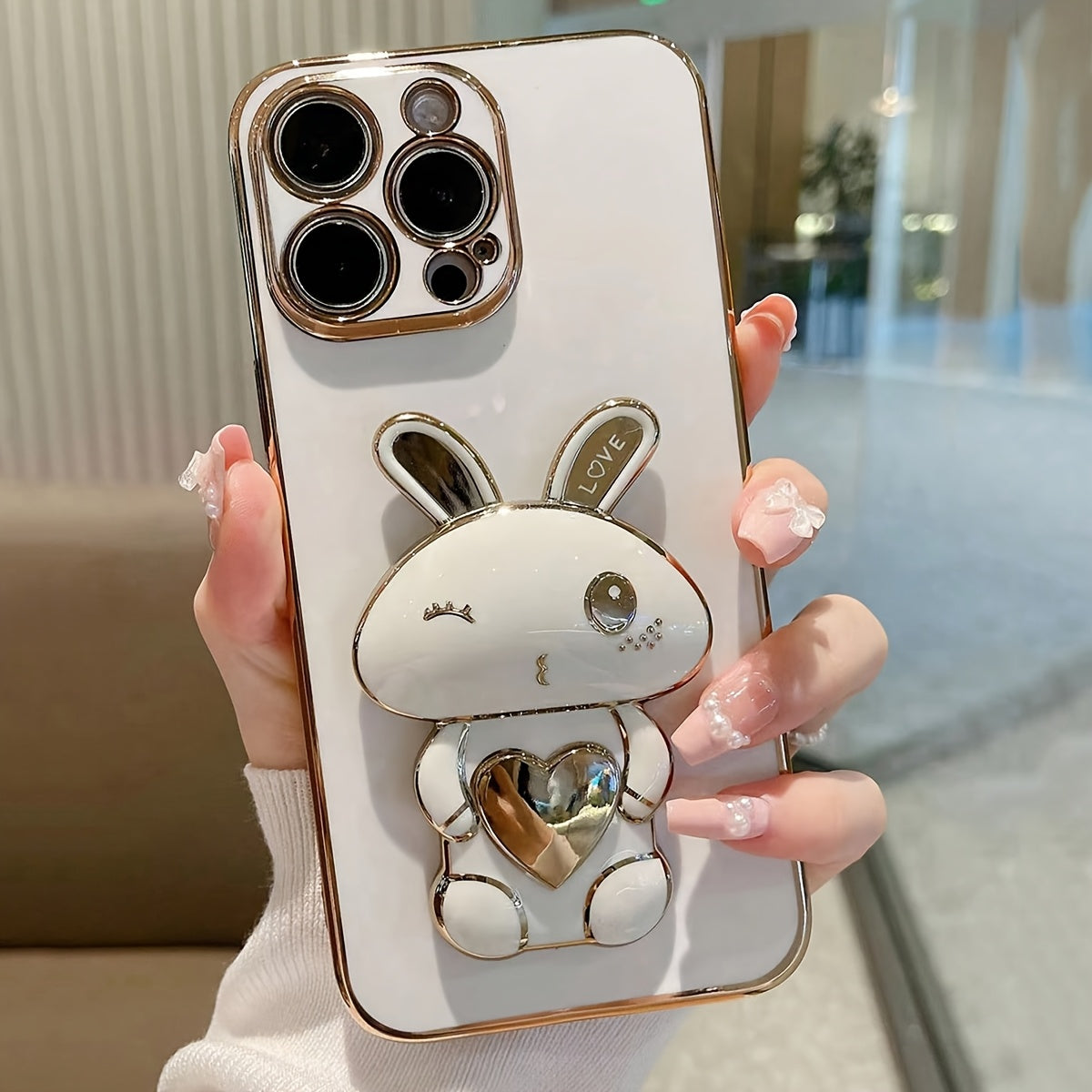 A Cute And Minimalist Electroplated Rabbit Stand Case Designed for Iphone 11, Iphone 13, Iphone 14, Iphone 13 Pro Max, Iphone 14 Pro Max, Iphone 15, Iphone 15 Pro, Iphone 5 Pro Max, Iph