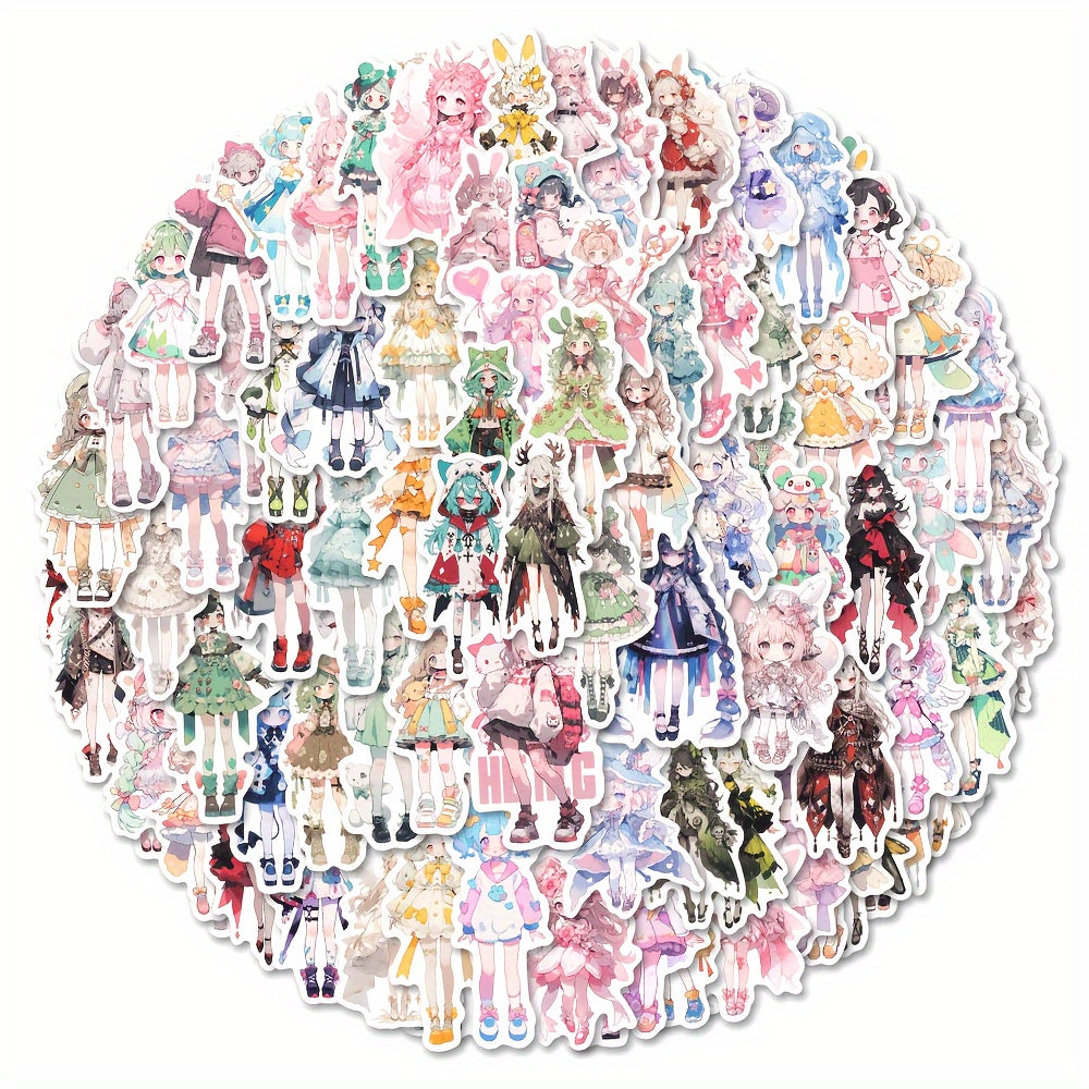 100pcs Reusable Vinyl Anime Character Stickers, Herringbone Pattern, Self-Adhesive Decals for Phone Case, Notebook, Laptop, Water Bottles, Guitar, Plastic Surfaces, with for Ages 14+