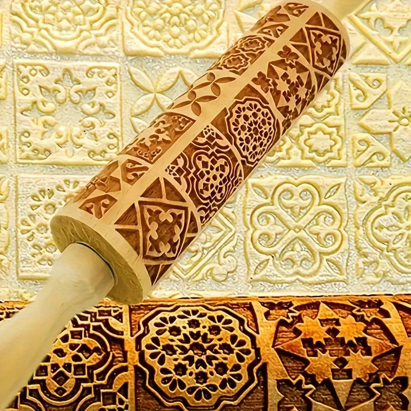 1pc Wooden Embossing Rolling Pin, 13.77"x1.77", Christmas & Halloween Printed, for Pizza, Pies, Dumplings, Noodles, Kitchen Gadgets, Restaurant Home Cooking Supplies