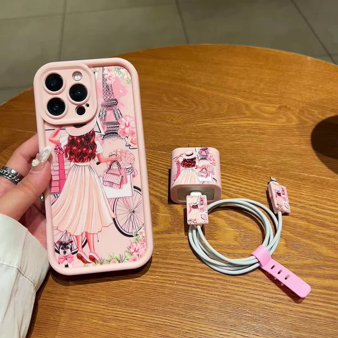 5pcs Set: 1 High Bamboo Pink Girl Anti-Drop Phone Case + 1 Charger Protective Cover + 2 Data Cable Protectors + 1 Data Cable Strap, Suitable for iPhone 16/16pro/16promax/16plus/11/11pro/11promax/12/12pro/12promax/13/13pro/13p
