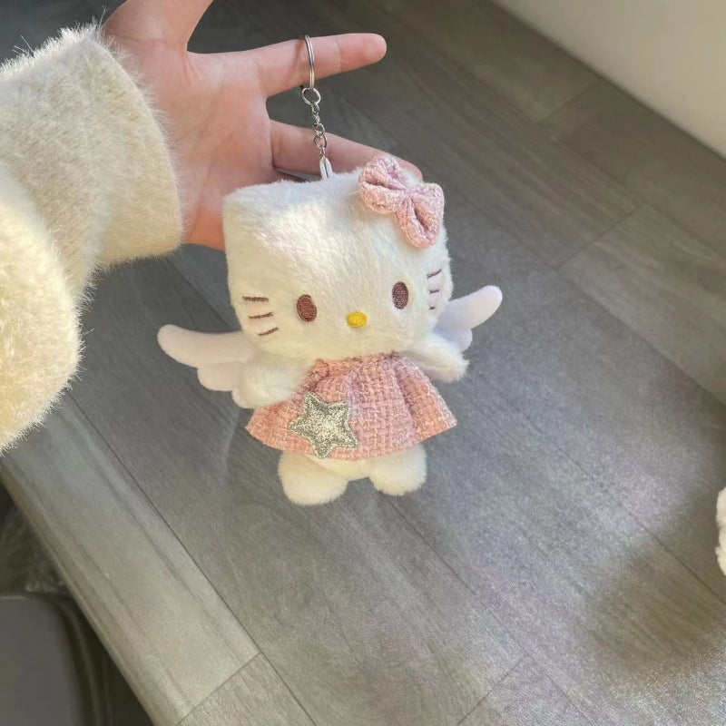 Hello Kitty Plush Keychain with Angel Wings & Pink Star Dress - Soft Fabric Cute Kawaii Keyring for Backpack Purse Gift for Girlfriend Women Cat Lovers, Hello Kitty Accessories