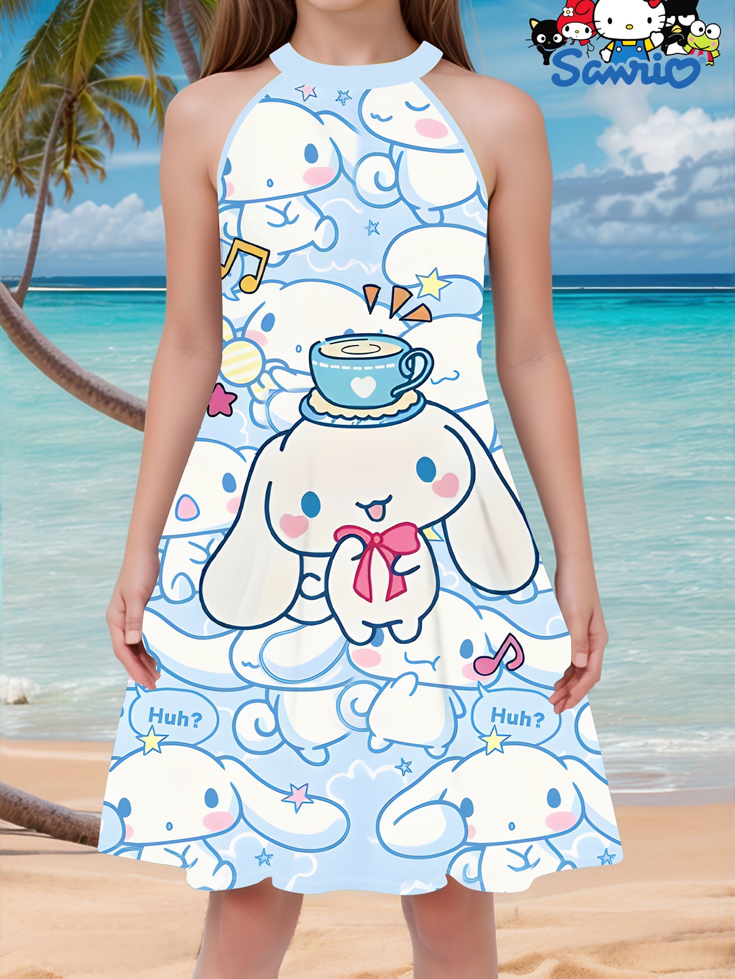 Sanrio Girls' Cute 3D Print Halter Dress - Hello Kitty, Kuromi & My Melody Cartoon Design, White with Blue Background, Sleeveless Summer Dress, Machine Washable, Perfect for Youngsters, Beach Playwear | Cartoon Print Dress |