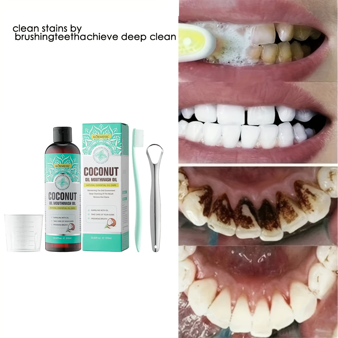 315Ml Concentrated Coconut Oil Mouthwash Set, Deep Cleaning Oral Care with Measuring Cup And Tongue Scraper, Fresh Breath, Daily Use for Oral Care.