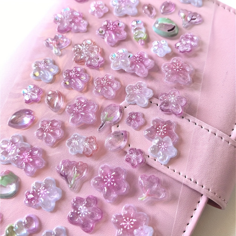 3D Pink Cherry Blossom Embossed Stickers - Waterproof Crystal Floral Decals for Phone Cases, Laptops, Journals, and DIY Crafts, Journal Embellishments | Artistic Stickers | Plastic Construction, Cherry Blossom Wall Stickers