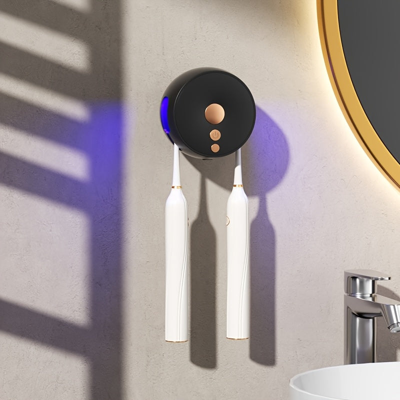 UV Sanitizing Toothbrush Holder, Wall-Mounted, 400mAh Battery, Dual-Slot, USB Charging, Compact & Portable for Travel and Home Use, ABS Material, USB Connectivity