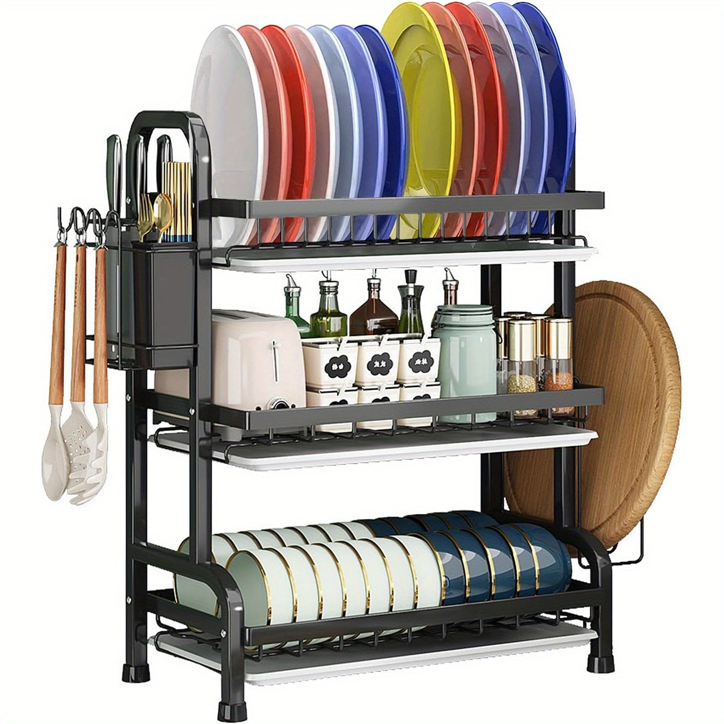Cutlery Storage Rack, 3-Tier with Drainage, Knife, Knife Rack And Cutting Board Storage Stand, Multi-Functional Bowl And Dish Drainer, Suitable for Kitchen Countertop And Cabinet, Kitchen Organization And Storage.