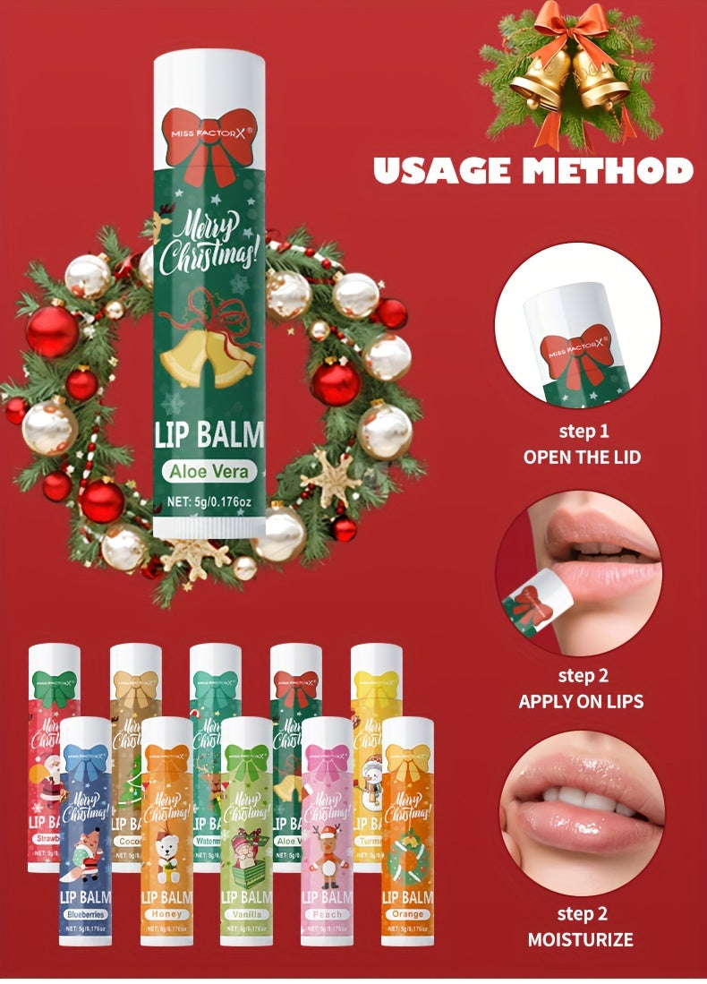 Gift Set 10pcs/Box Deep Hydration Long-Lasting Moisturizing Lip Balm Set Smooth Lips Christmas Theme Gift.