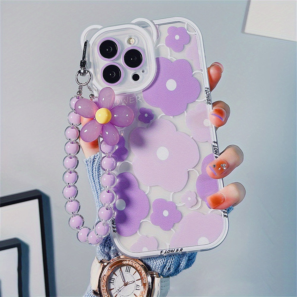 Cute Luxury Cute Luxury Transparent Phone Case Soft Egg Flower Cover with Flower Chain Lanyard | for iPhone 11 14 Pro Max 12 Pro 13 11 Pro Max 7 8 Plus Clear Purple Bear Ear