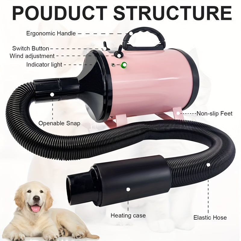 2800W Low Noise Pet Dog Cat Grooming Hair Dryer with 2.5M Hose, 3 Different Nozzles, and Heater