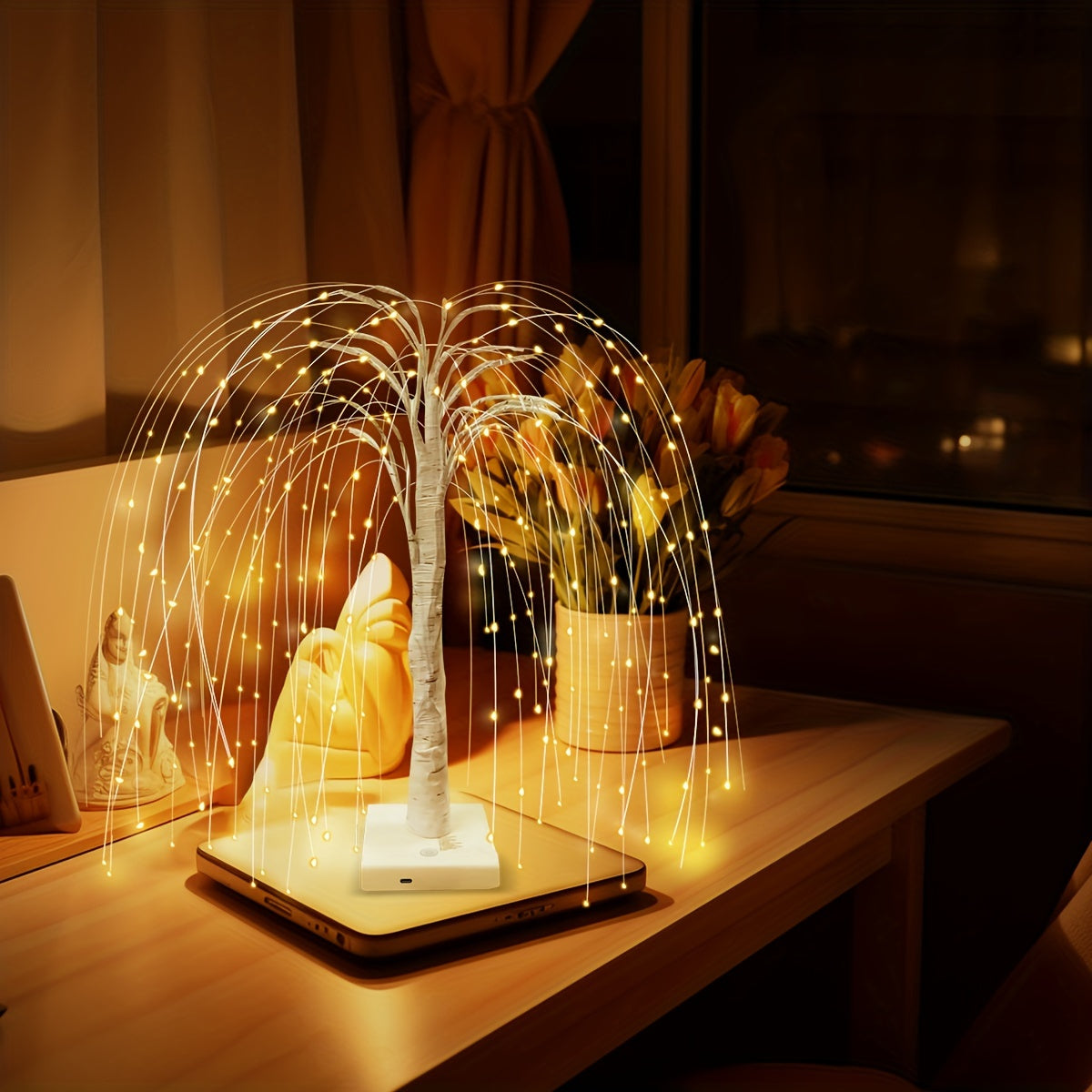 1pc Romantic Willow Tree Table Lamp with 192 LED Lights, 8 Lighting Modes, USB & Battery Powered, 19.7in Tall, PC Material for Home, Wedding, Party, Landscape Decor