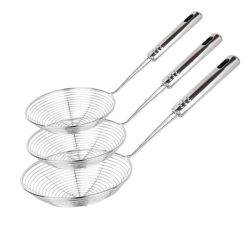 3pcs Stainless Steel Spider Strainer Set, Durable Metal Skimmers with Long Handles, Food-Safe Skimming Spoons for Frying, Pasta, with Hanging Loop, for 12.01", 12.6", 13.78" Kitchen Tools