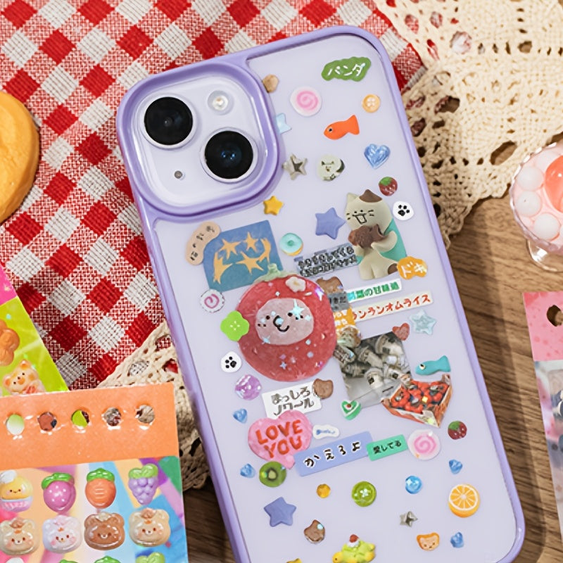 48 Sheets Kawaii Japanese Adhesive Sticker Set, Assorted Cartoon and Food-Themed Decals, Paper Material, for Scrapbooking, Planner, Phone Case, Water Bottle, Album, Diary, Art & Craft, with Creative Journaling Supplies, for I