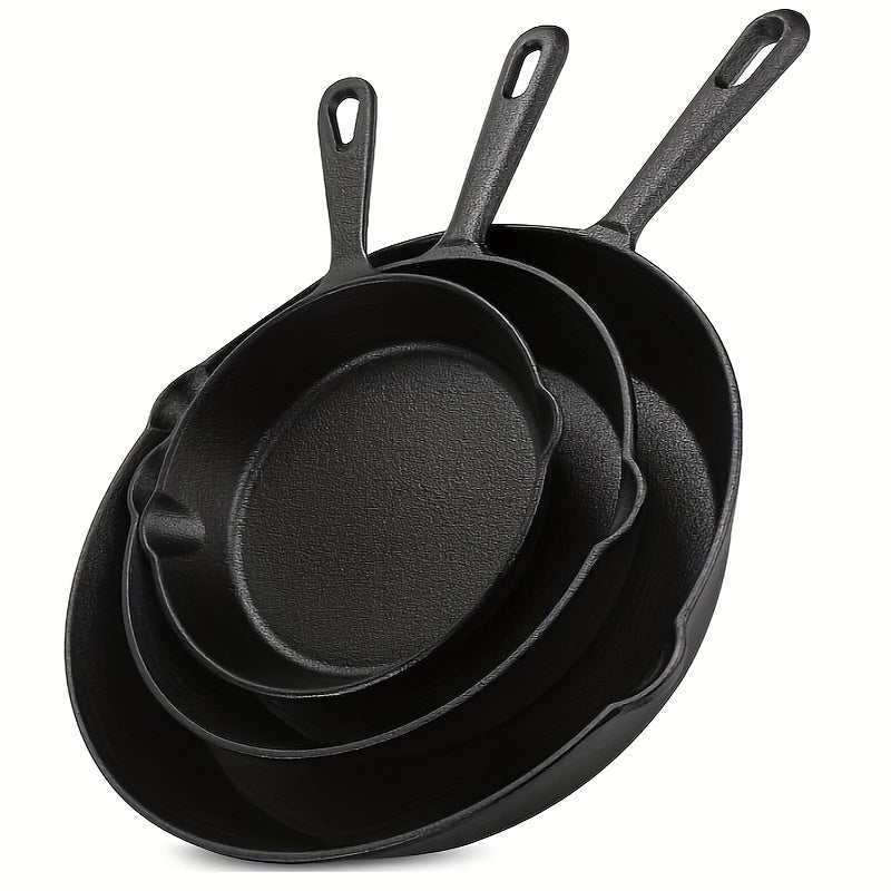 3pcs Pre-Seasoned Cast Iron Skillet Set With Pouring Lip - Heavy Duty & Non-Stick For Effortless Grilling, Searing, Frying & Baking - Versatile Black Pans (15.24 cm, 20.32 cm, 25.4 cm) With Comfort Handles