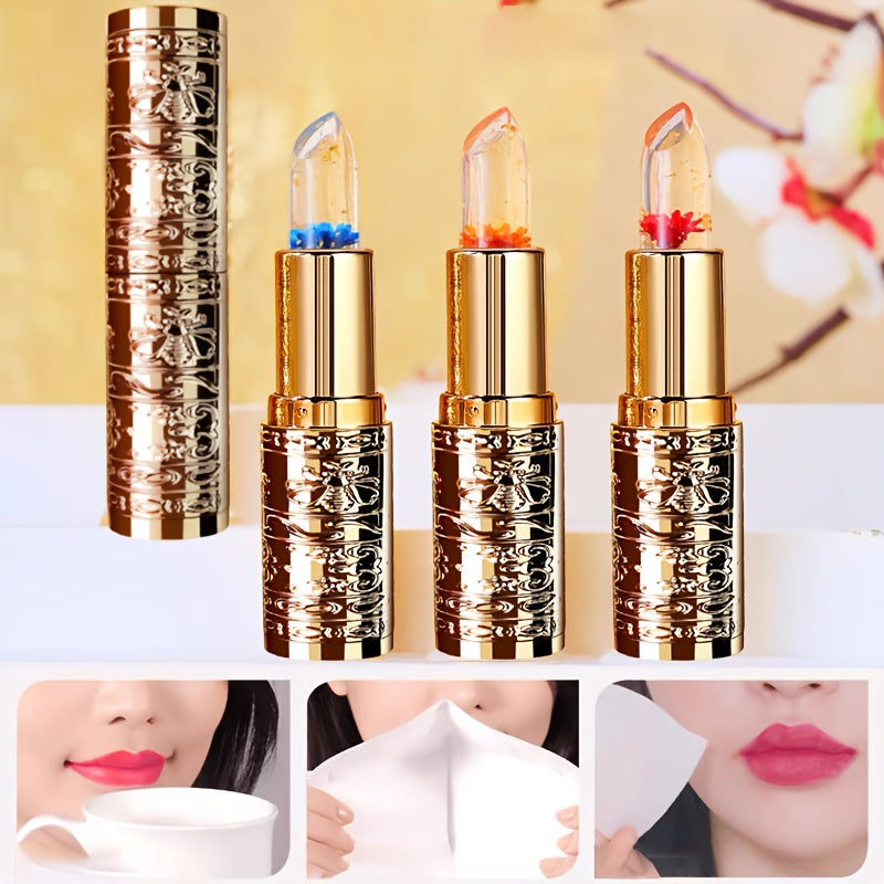 3pcs flower shaped crystal gel lipstick - warm color changing, moisturizing and non mucous membrane, 3 colors, moisturizing and non fading lip gloss