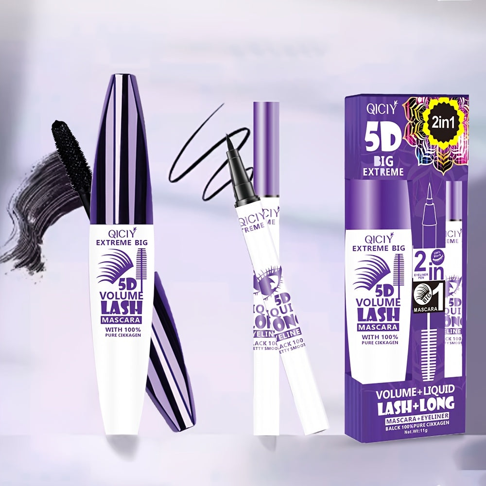 QICI 5D EXTREME 2in1 Mascara + Eyeliner Set - Waterproof, Long-Lasting, Smudge-Proof, Volume & Length Enhancing, Black Liquid Eyeliner with 10ml Brush, 24-Hour Wear, 1pc/2pcs, Beauty Essentials|Bold Eye Makeup|Smudgeproof Lin
