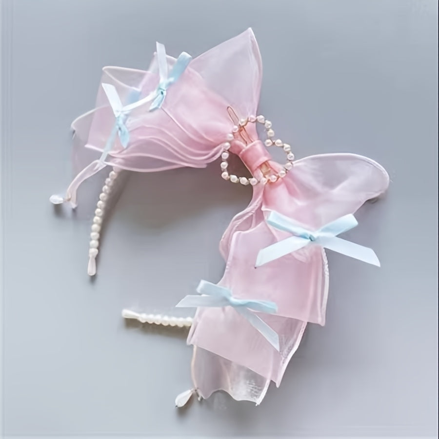 Elegant Light Blue Mesh Bow Headband - Chic, Faux Pearls & Heart Accent, 1pc, Perfect for Women, Parties or Special Occasions