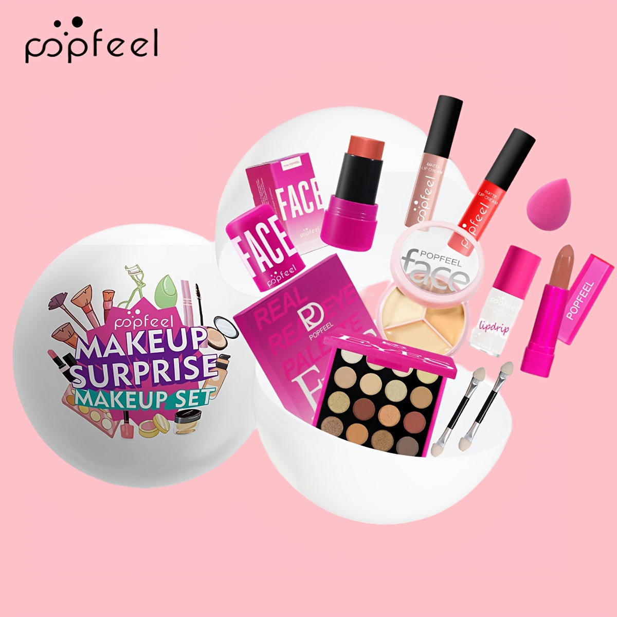POPFEEL 10pcs Makeup Set, includes blush, eyeshadow, lip gloss, concealer, and more.