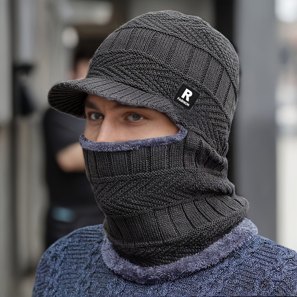 Men's Winter Beanie Hat with Integrated Neck Warmer and Fleece Lining