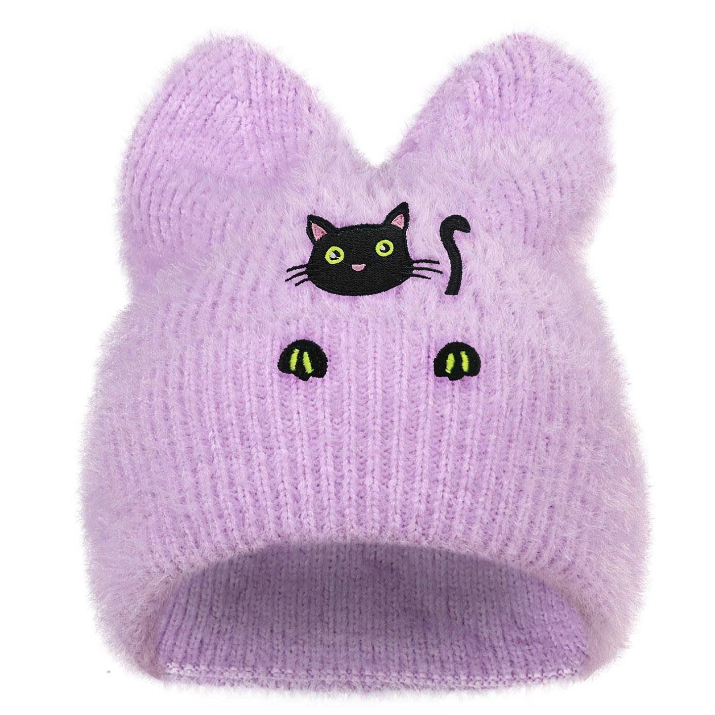 Black Cat Winter Knit Skull Cap with Cat Ears