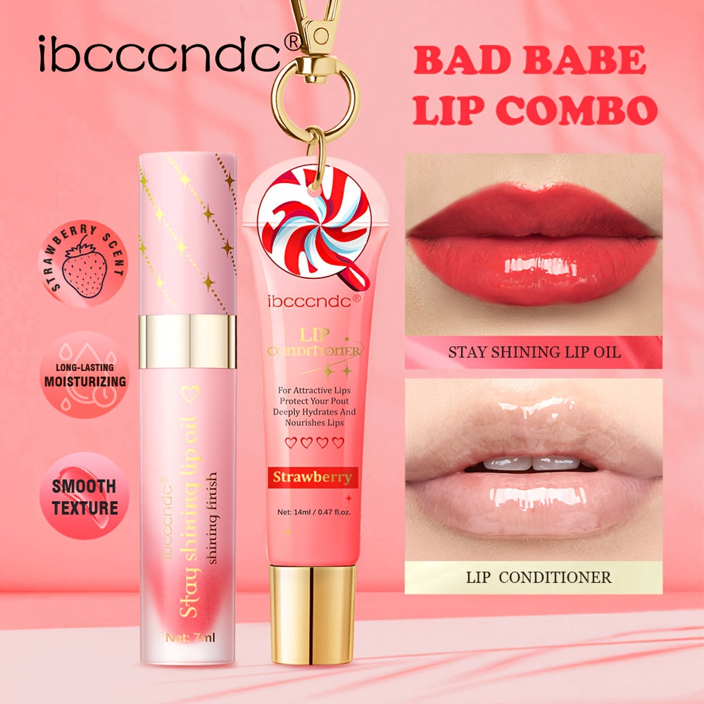 Bad Girl Lip Combo, Includes 2 Lip Oils, Strawberry Flavour, Tinted Lip Oil, Moisturizing And Nourishing, Winter Lip Care,
