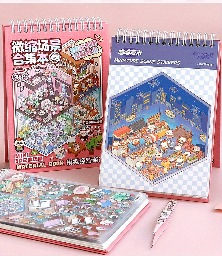 20pcs Scene Cardstock + 25pcs Stickers + 1 Tweezer Micro Scene Combination Book Set, 3D Scene Stickers for DIY Miniature Houses