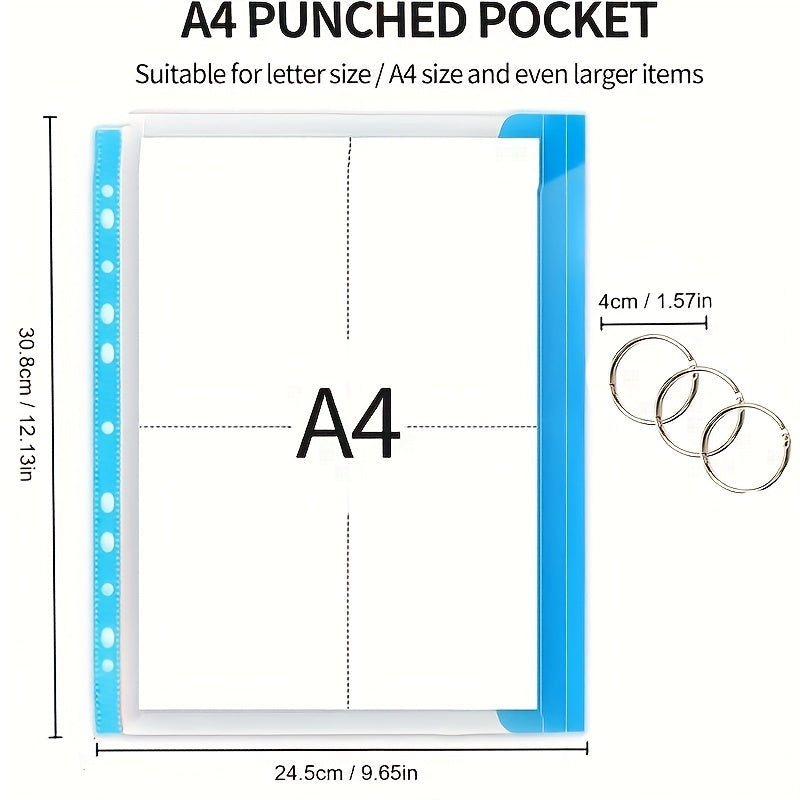 12pcs/6pcs A4 Large Capacity Loose-Leaf File Pockets with 11-Hole Binder Rings, Modern PP Material, Expandable Button And Label Pockets, Suitable for School, Home, Office, Attendance, Travel - Portable Design