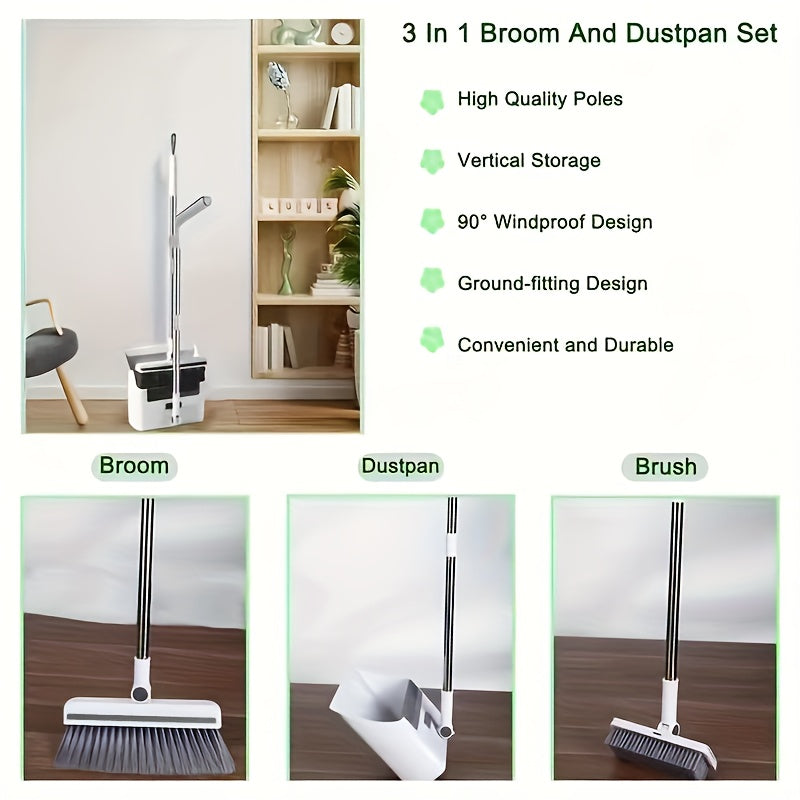 3-in-1 Combo Set with Stainless Steel Handle - Heavy-Duty Indoor/Outdoor Broom and Dustpan, Ideal for Home, Office, School, Dorm, Bedroom, Living Room, Kitchen Cleaning, 180cm/71inch User Comfort, Office Cleaning Essentials|M