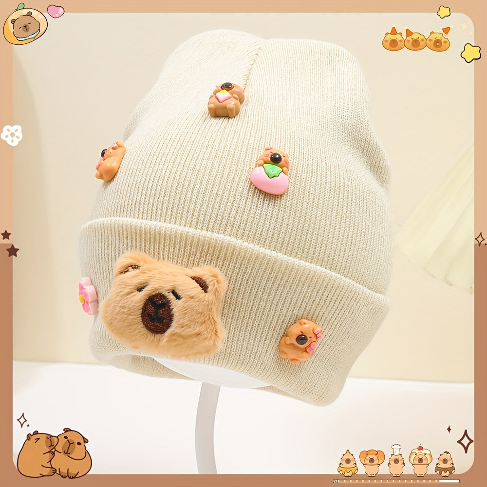 ' Cute Capybara & Floral Winter Hat - Soft & Brown Beanie with Capybara Face & Floral Accents, Cozy Unisex Beanie for Fall/Winter, Perfect for Travel & Gifts, Winter Hat, Gift For, Playful Design, Soft Fabric