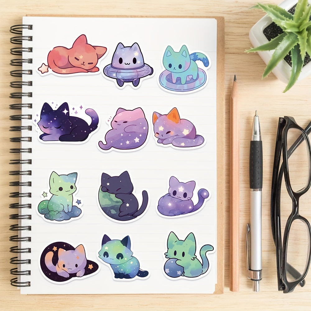 50pcs Vinyl Waterproof Colorful Starry Sky Cat Stickers for Scrapbook, Journaling, Laptop, Bumper, Skateboard, Water Bottles, Computer, Phone