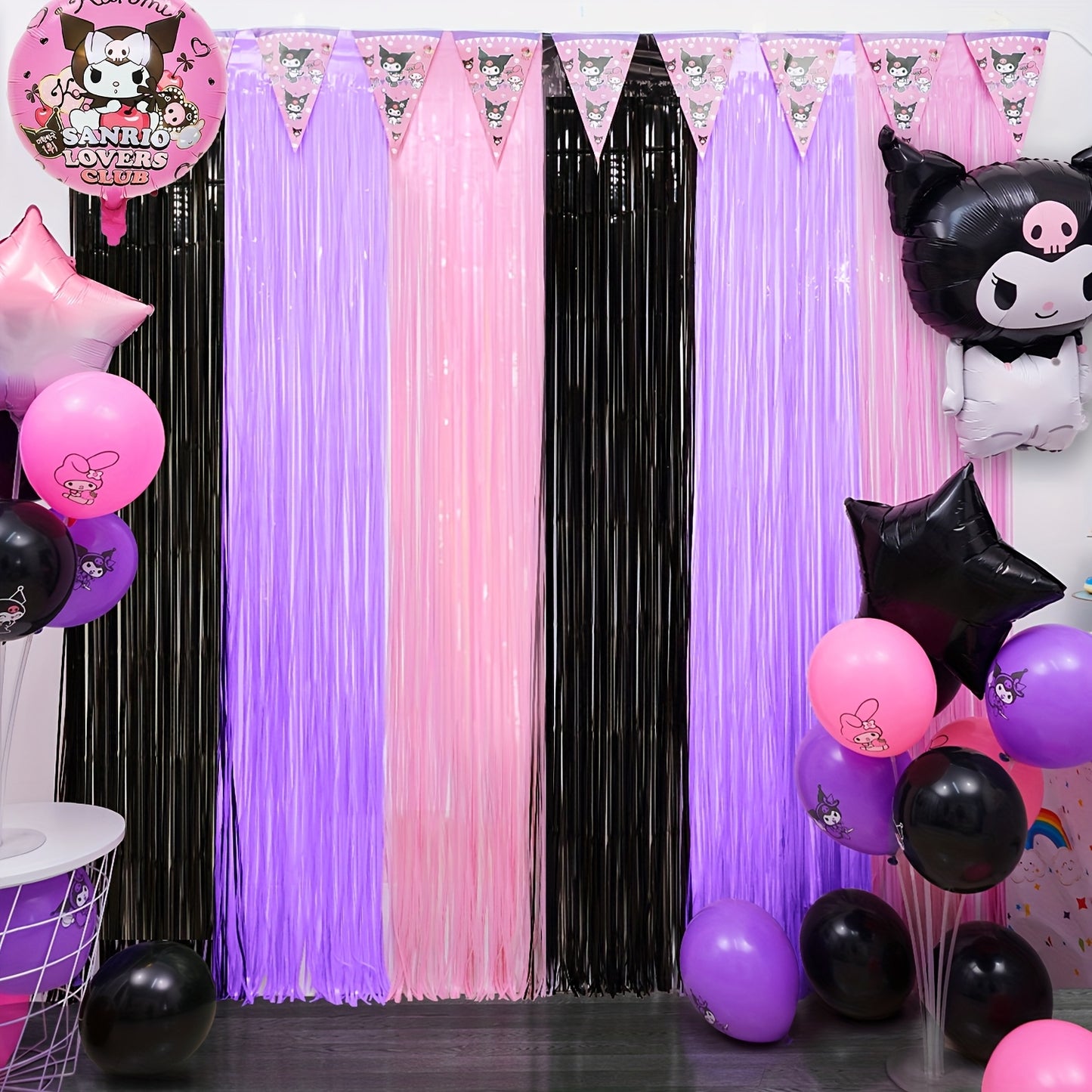 Kuromi Birthday Party Decorations, 1/2/4pcs Kuromi Party Photo Booth Props, Hot Pink Teal Pink Fringed Background with Tinsel Photo Streamers for Kuromi Birthday Party Supplies