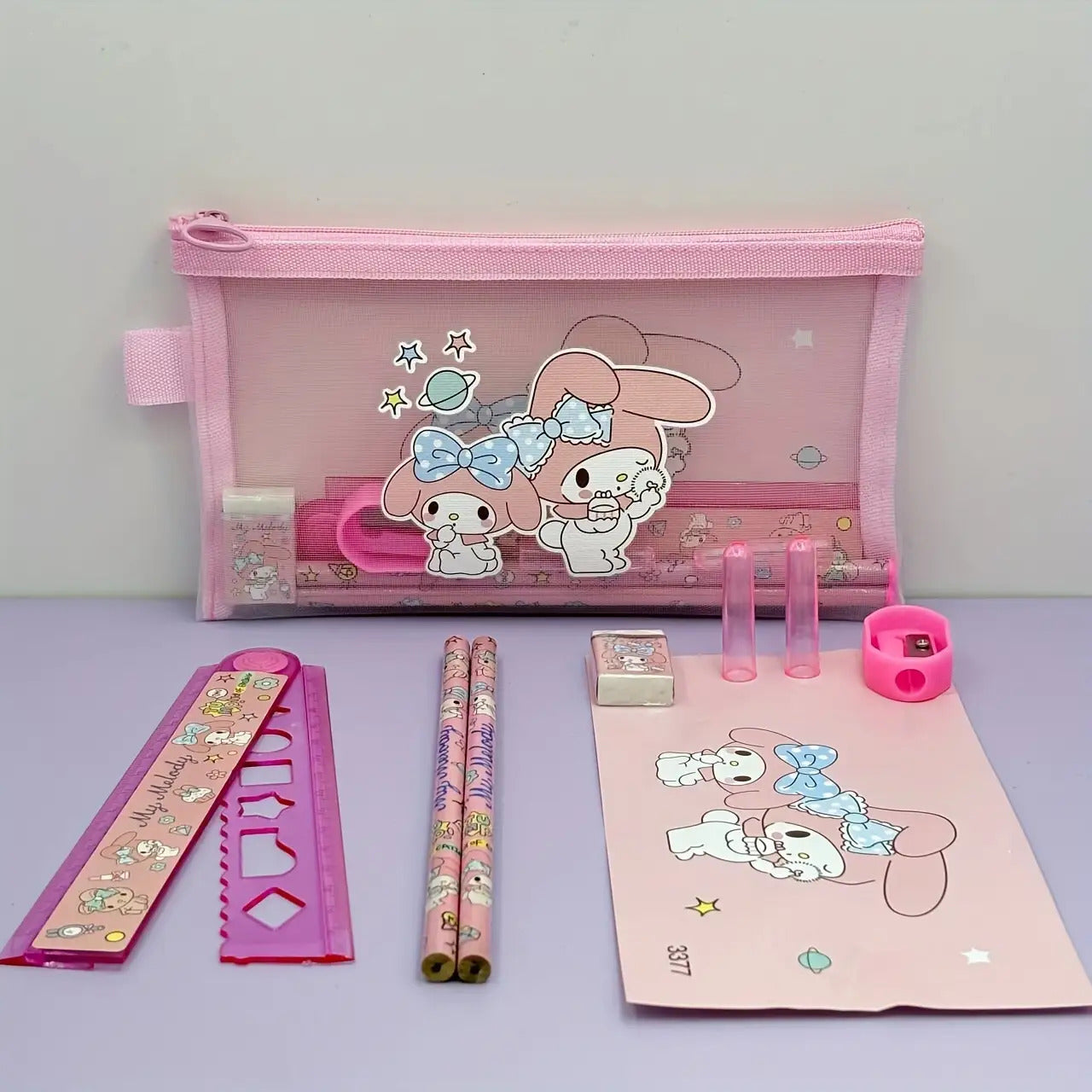 8pcs Sanrio Nylon Mesh Stationery Set with Pencil Cas