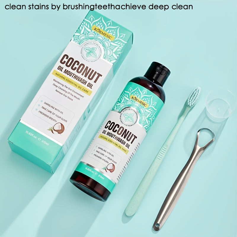 315Ml Concentrated Coconut Oil Mouthwash Set, Deep Cleaning Oral Care with Measuring Cup And Tongue Scraper, Fresh Breath, Daily Use for Oral Care.