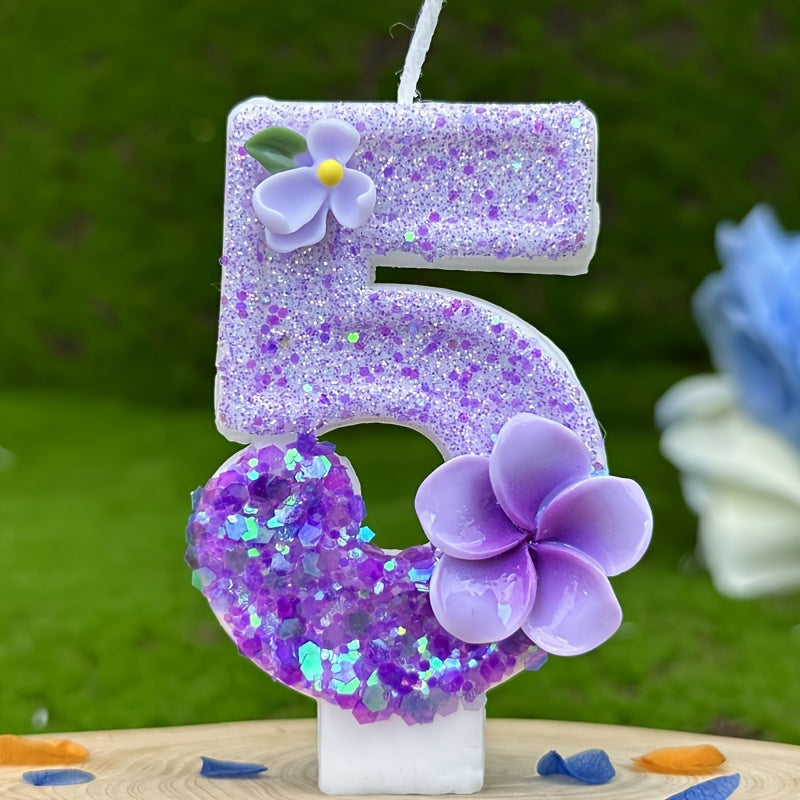 1pc Number Birthday Candle, Purple Glitter with Plumeria & Gardenia Accents, Paraffin Wax No-Feather Cake Topper for Party Decoration
