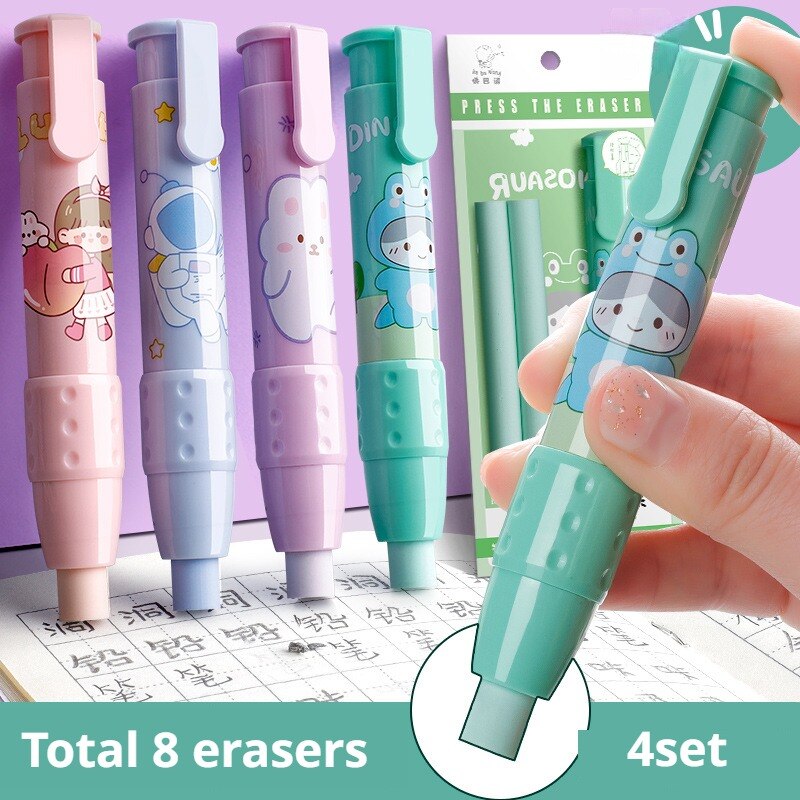 4pcs No Crumbs Retractable Pushable Eraser: Creative Design for Students & Office Use