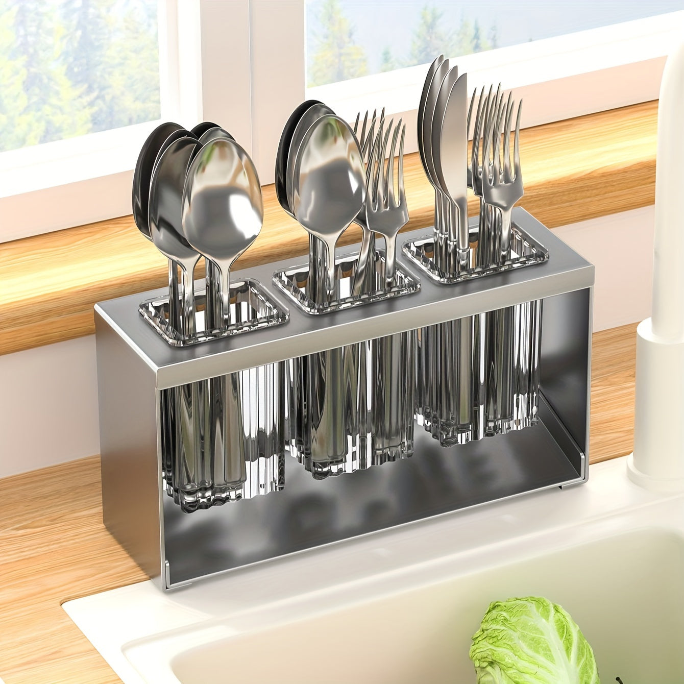 1pc Multifunctional Kitchen Utensil Organizer with Drainboard - Plastic Tableware Storage Holder for Knives, Forks, Spoons, and Chopsticks - Countertop Utensil Rack with Built-in Drainage for Home and Restaurant Use
