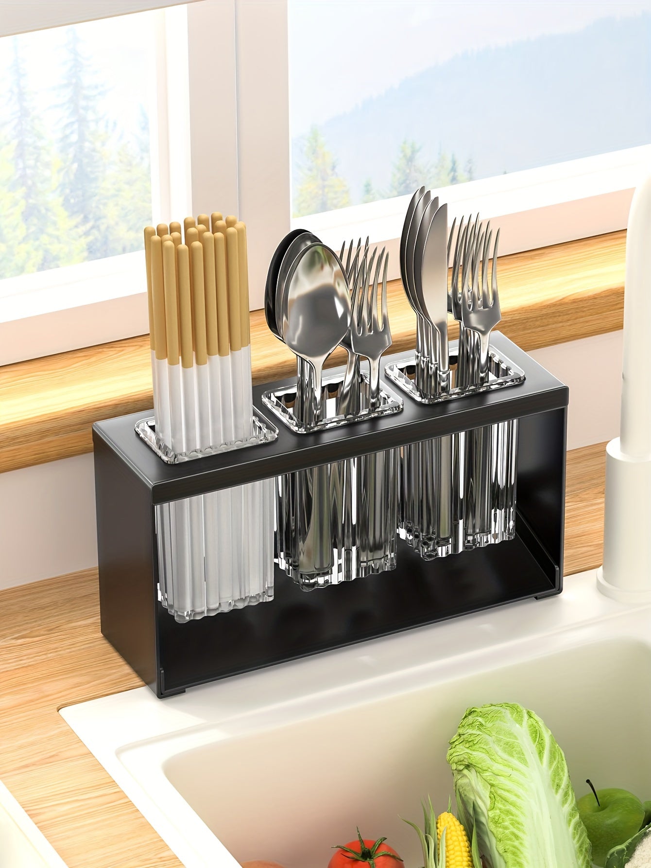 1pc Multifunctional Kitchen Utensil Organizer with Drainboard - Plastic Tableware Storage Holder for Knives, Forks, Spoons, and Chopsticks - Countertop Utensil Rack with Built-in Drainage for Home and Restaurant Use