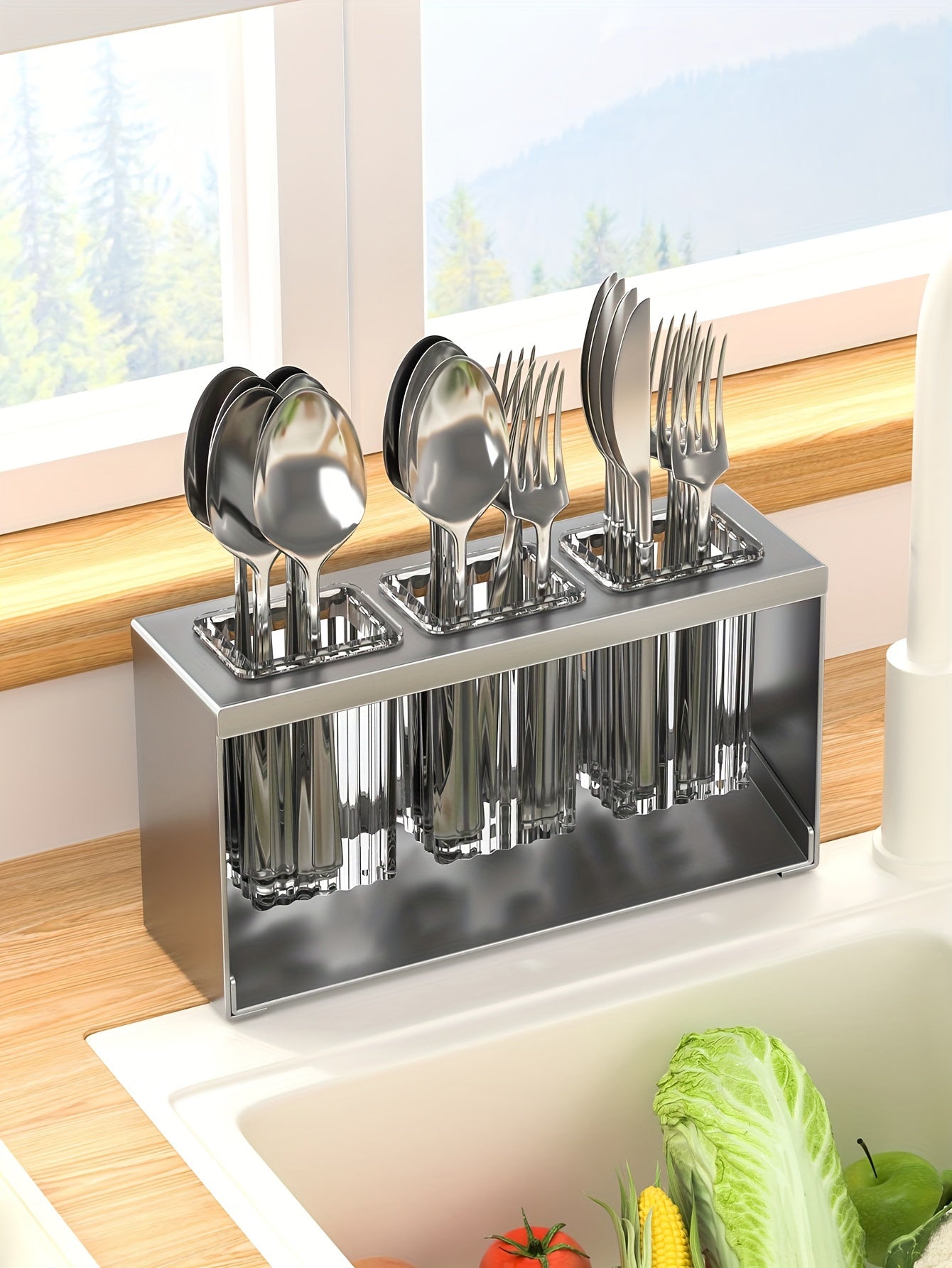 1pc Multifunctional Kitchen Utensil Organizer with Drainboard - Plastic Tableware Storage Holder for Knives, Forks, Spoons, and Chopsticks - Countertop Utensil Rack with Built-in Drainage for Home and Restaurant Use