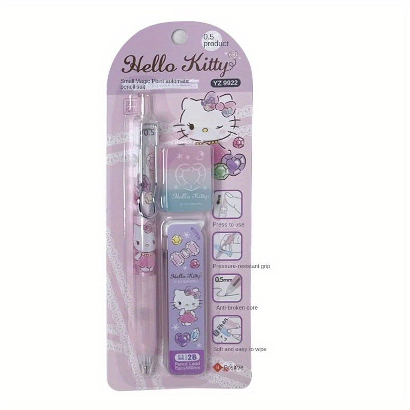For Hello Kitty Sanrio Character 0.5Mm Automatic Pencil Set with Eraser And Lead, Featuring a Small Magic Dot Automatic Pencil Set.