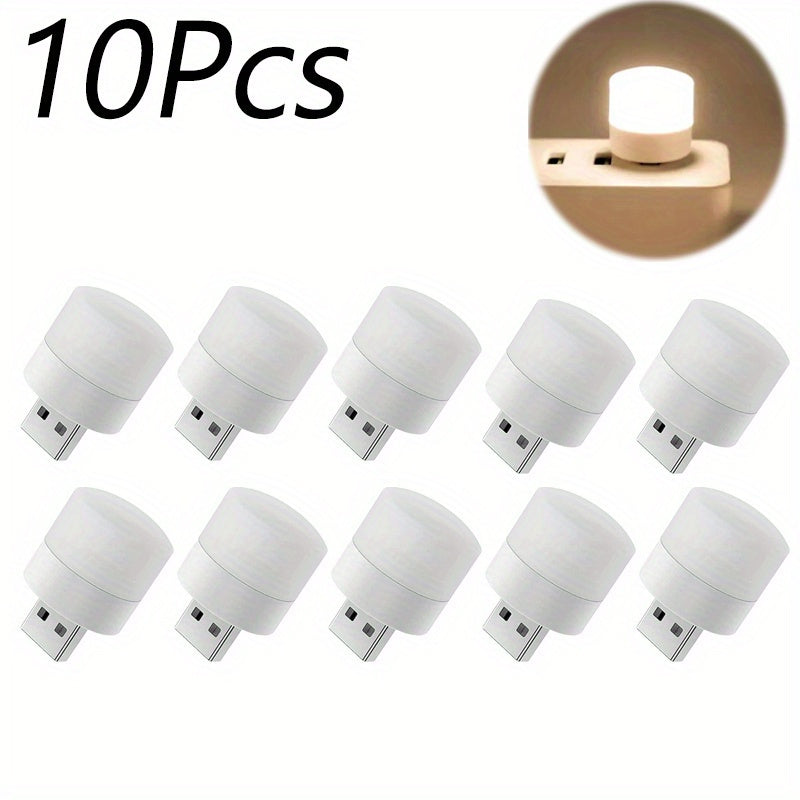 10pcs Mini USB LED Night Light - Warm White Eye Protection Reading Lamp - USB Powered, Portable Downlight for Bedroom, Polished Finish, Button On/Off, Prong Bulb Base, Household Use
