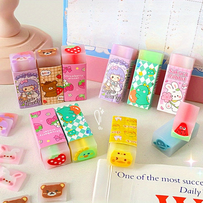 10PCS Cartoon Centered Erasers - TPRTPR Rubber, Oval Shape, No Shedding, Random Designs - Office Supplies