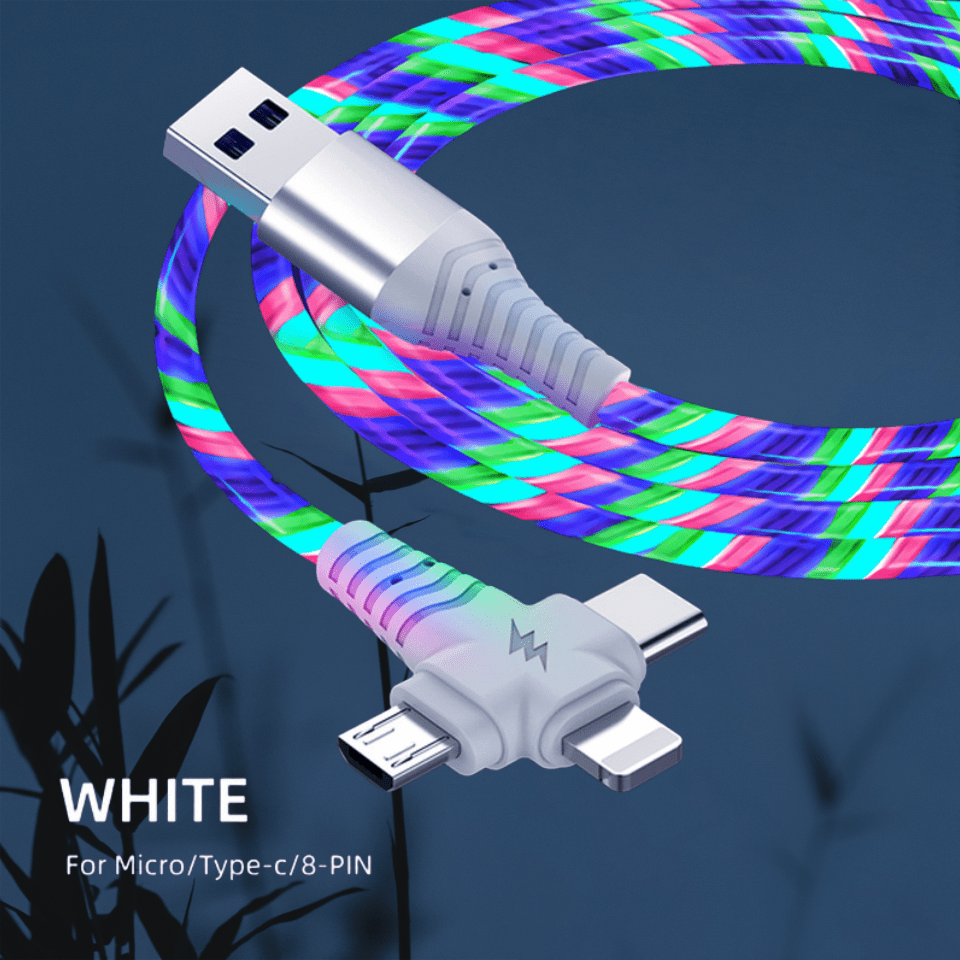 3-in-1 Flowing Glow Cable - Fast Charging Micro USB Type-C for iPhone 14, 13, 12, 11 Pro Max, XS, XR, SE 8, 7, 6 | Compatible with Samsung, Xiaomi, Oppo, Vivo, Lenovo | 1M Length, 10-20W Output, ≤36V, 1M Charging Cable | Vi
