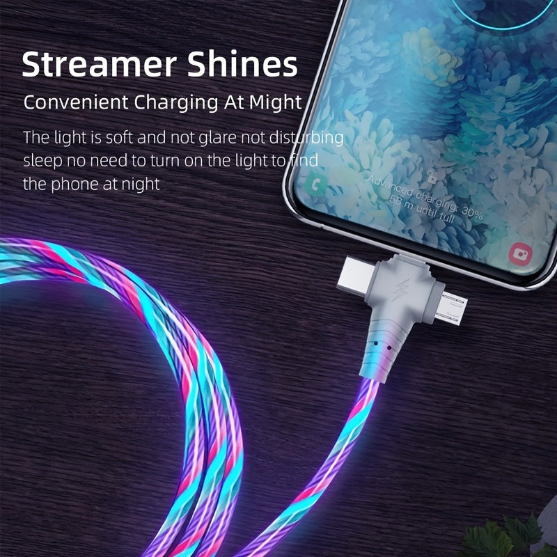 3-in-1 Flowing Glow Cable - Fast Charging Micro USB Type-C for iPhone 14, 13, 12, 11 Pro Max, XS, XR, SE 8, 7, 6 | Compatible with Samsung, Xiaomi, Oppo, Vivo, Lenovo | 1M Length, 10-20W Output, ≤36V, 1M Charging Cable | Vi