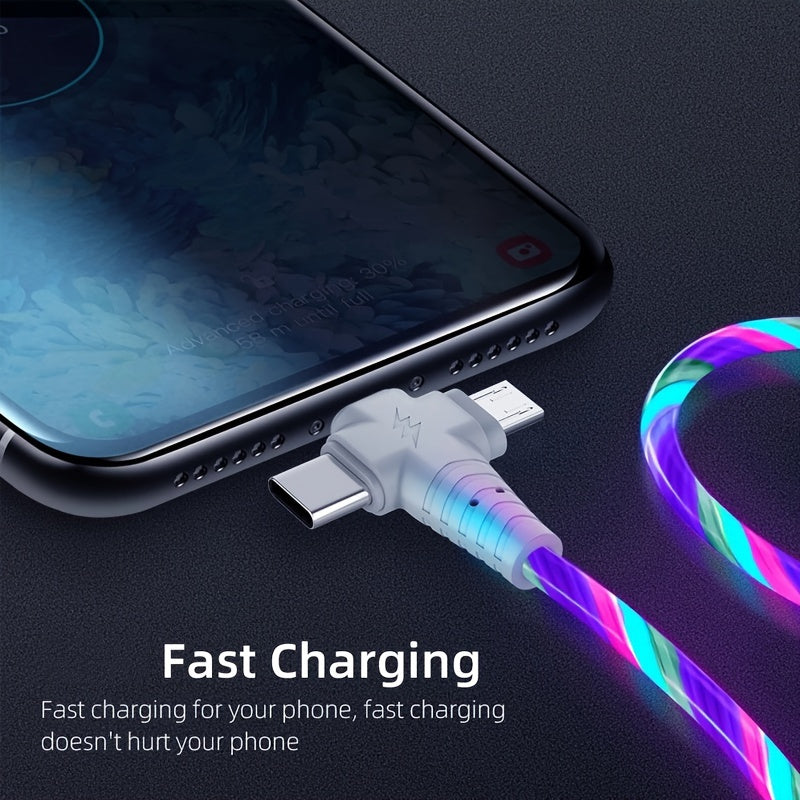 3-in-1 Flowing Glow Cable - Fast Charging Micro USB Type-C for iPhone 14, 13, 12, 11 Pro Max, XS, XR, SE 8, 7, 6 | Compatible with Samsung, Xiaomi, Oppo, Vivo, Lenovo | 1M Length, 10-20W Output, ≤36V, 1M Charging Cable | Vi