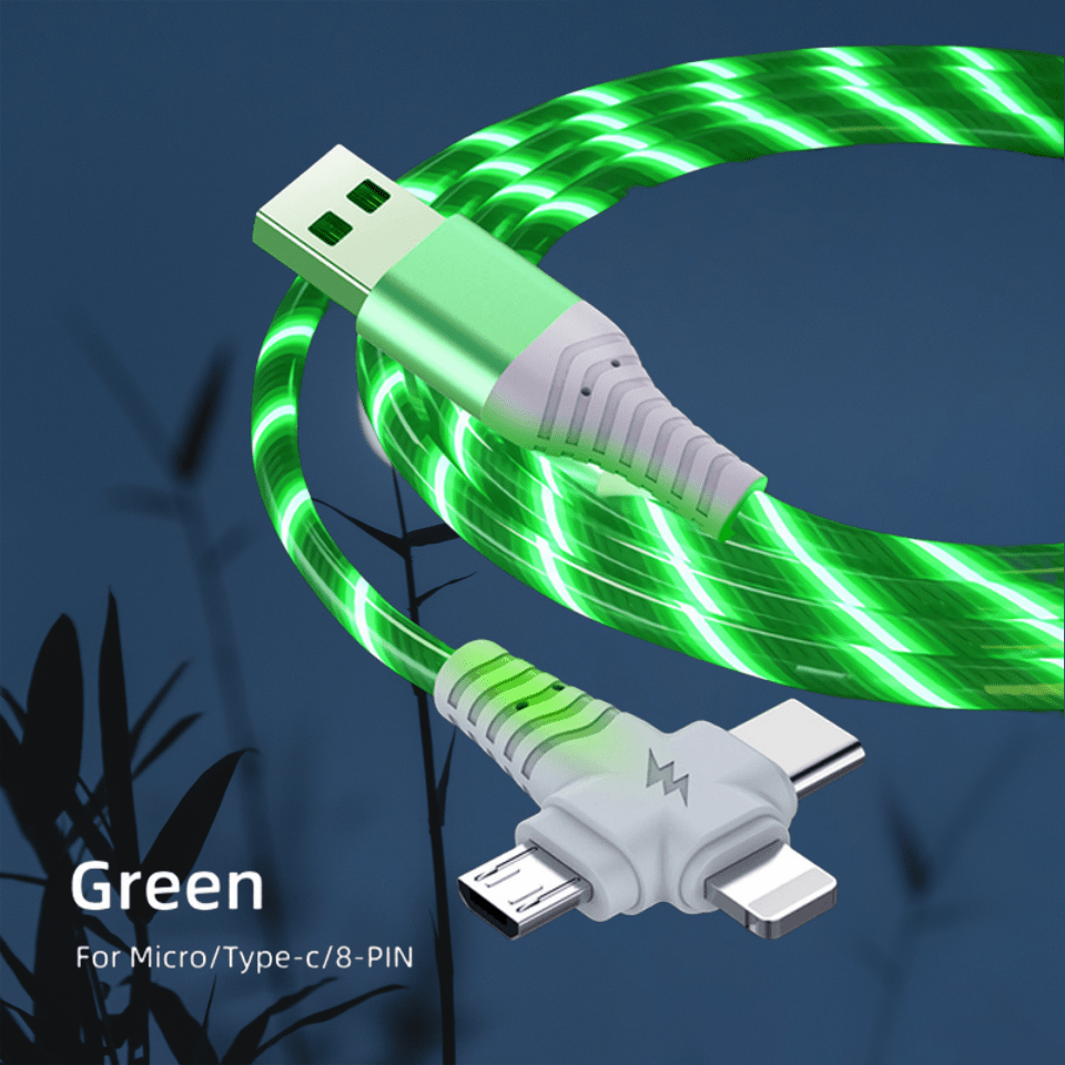 3-in-1 Flowing Glow Cable - Fast Charging Micro USB Type-C for iPhone 14, 13, 12, 11 Pro Max, XS, XR, SE 8, 7, 6 | Compatible with Samsung, Xiaomi, Oppo, Vivo, Lenovo | 1M Length, 10-20W Output, ≤36V, 1M Charging Cable | Vi