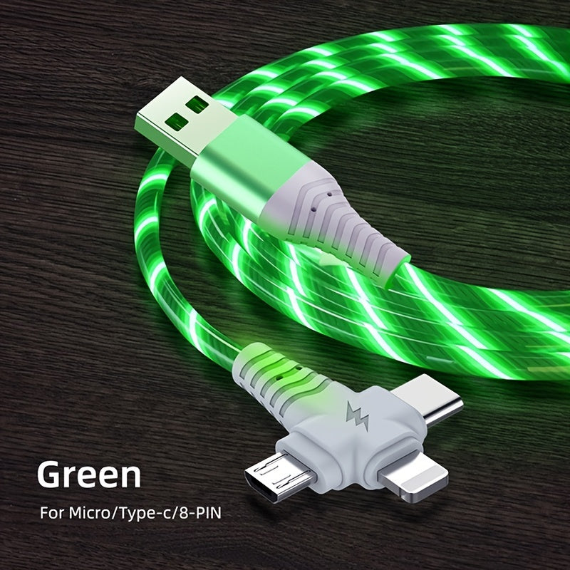 3-in-1 Flowing Glow Cable - Fast Charging Micro USB Type-C for iPhone 14, 13, 12, 11 Pro Max, XS, XR, SE 8, 7, 6 | Compatible with Samsung, Xiaomi, Oppo, Vivo, Lenovo | 1M Length, 10-20W Output, ≤36V, 1M Charging Cable | Vi