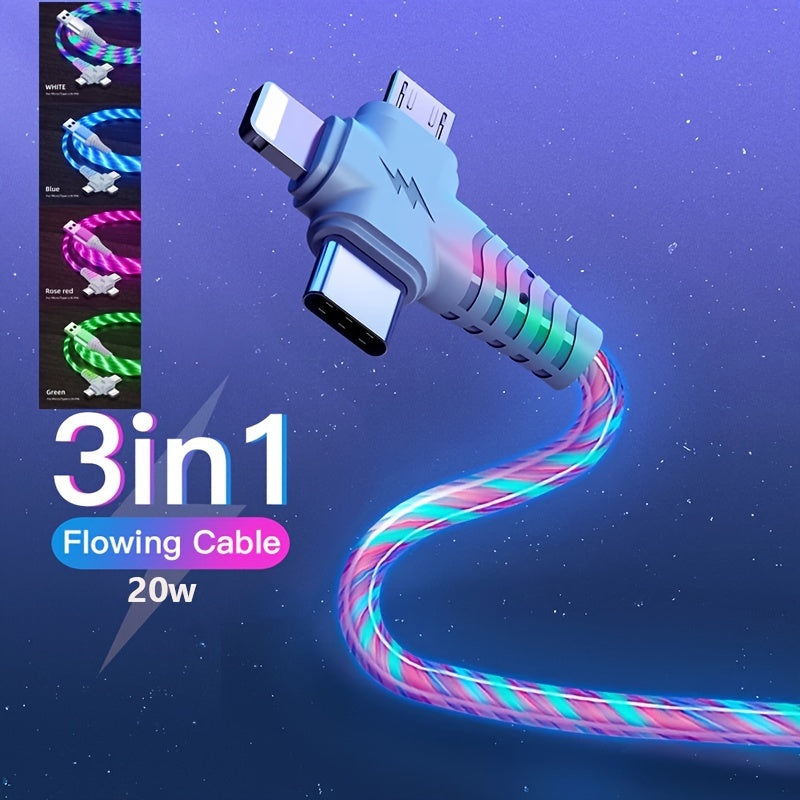 3-in-1 Flowing Glow Cable - Fast Charging Micro USB Type-C for iPhone 14, 13, 12, 11 Pro Max, XS, XR, SE 8, 7, 6 | Compatible with Samsung, Xiaomi, Oppo, Vivo, Lenovo | 1M Length, 10-20W Output, ≤36V, 1M Charging Cable | Vi